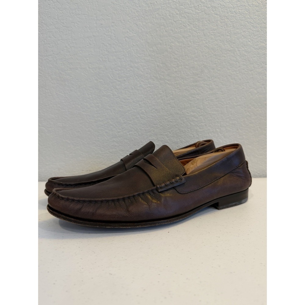 Santoni Penny Loafer Mens 11.5 Brown Leather Burnished Apron Toe Made in Italy